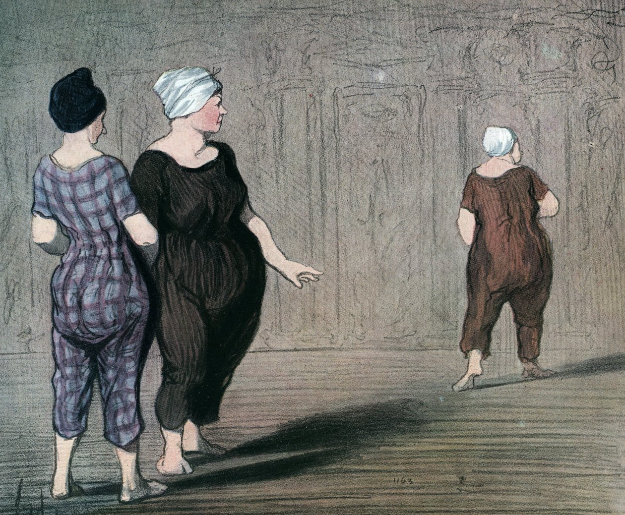 Serien "" Les batheuses"" to kvinner i badedrakt undersøker snittet til en annen, karikatur av Honore Daumier (1808-1879) 1844 (Badegjestene: to damer iført badedrakt, ser opp og ned i midjen til en annen) Privat samling av Honoré Daumier