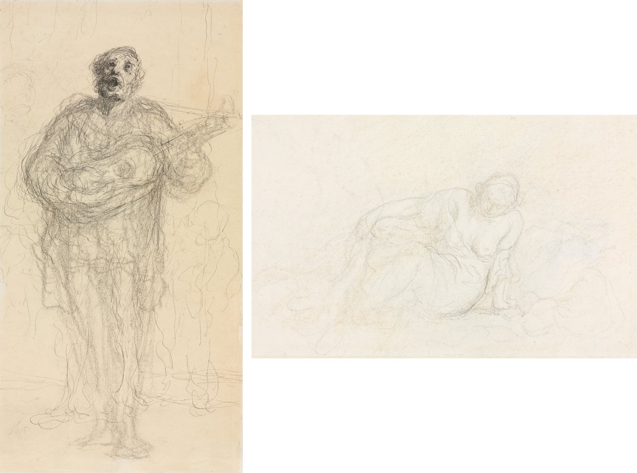 Syngende gitarist (rekto); Tilbakelent kvinne lener seg på armen (verso) av Honoré Daumier