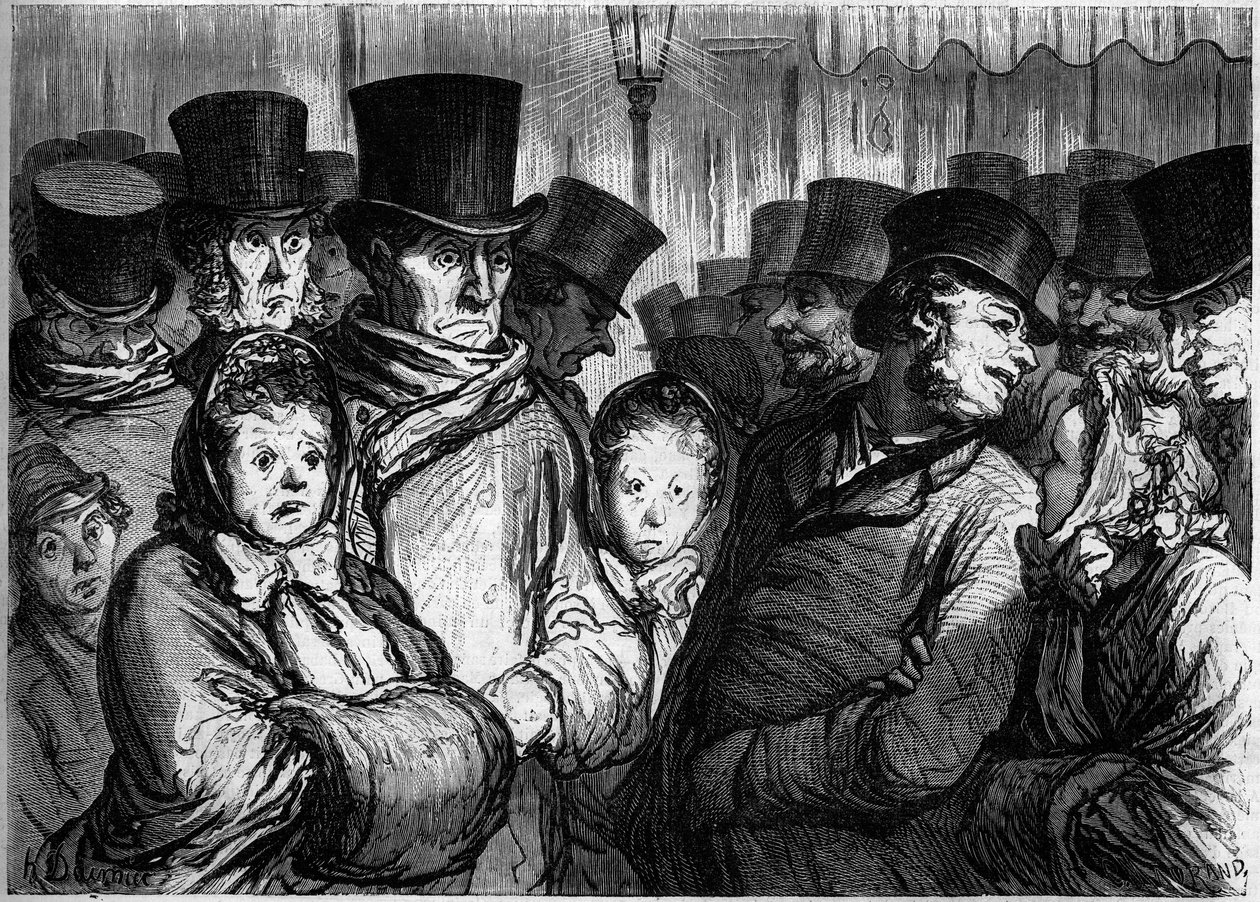 Temple Boulevard ved midnatt. Til venstre, folk kommer ut av dramaet. Ok, folk forlater funambulene. Tegneserie av Honore Daumier (1808-1879). Gravering i "" Le Monde Illustré"" nr. 254 av 22. februar av Honoré Daumier