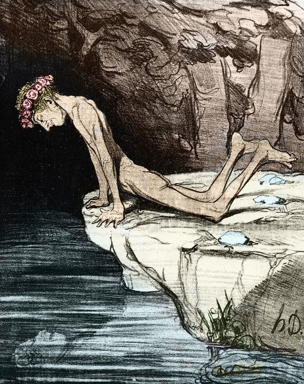 Den vakre Narcissus. Av Honore Daumier de Salvandy (1795-1856), som var forfatter, politiker og historiker, samt medlem av Academie Française 1800-tallet (litografi) av Honoré Daumier