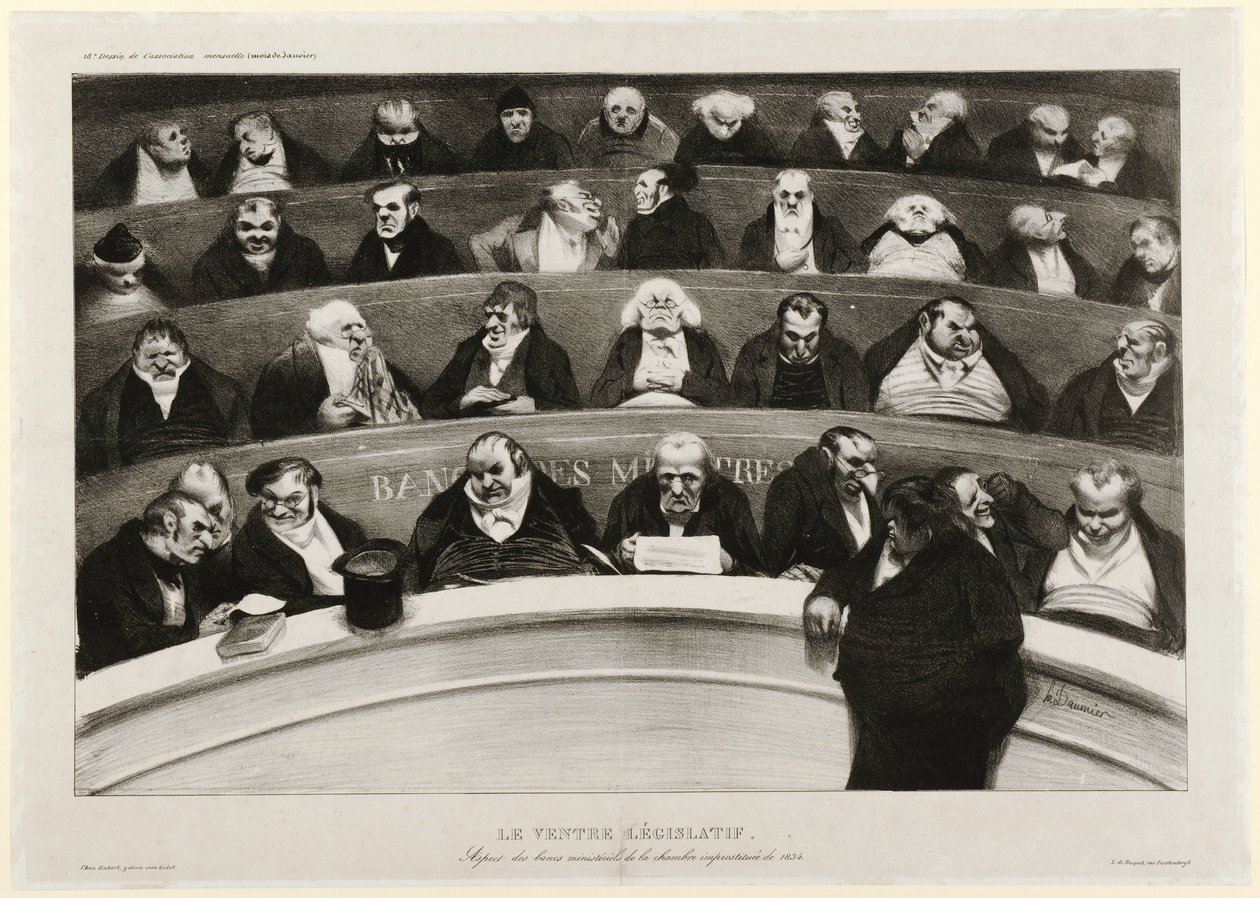 The Legislative Belly: Utsikt over ministerbenkene i Impromptu Chamber of 1834 (litografi) av Honoré Daumier
