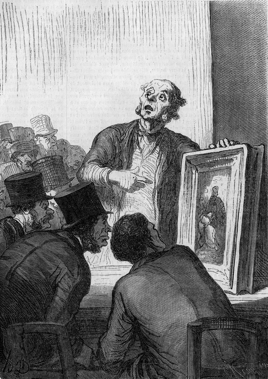 Auksjonshuset: kunsteksperten. Karikatur av Honore Daumier (1808-1879). Gravering i "" Le Monde Illustré"" nr. 308 av 7. mars av Honoré Daumier