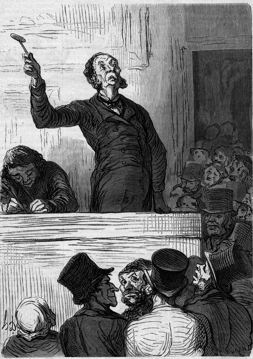 Auksjonshuset: auksjonarius (auksjonarius). Tegneserie av Honore Daumier (1808-1879). Gravering i "" Le Monde Illustré"" nr. 300 av 10. januar av Honoré Daumier