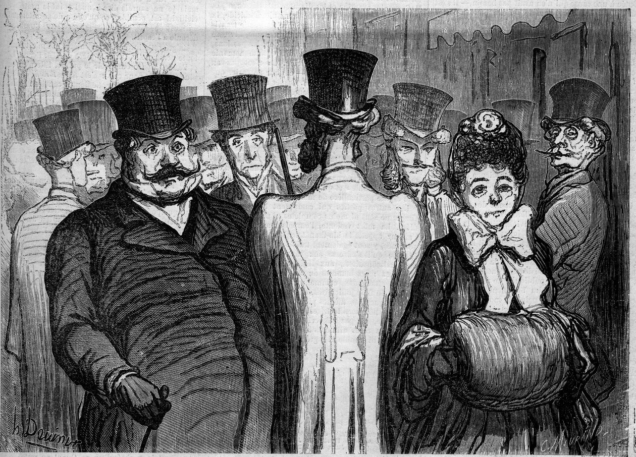 Boulevarden til italienerne. Tegneserie av Honore Daumier (1808-1879). Gravering i "" Le Monde Illustré"" nr. 252 av 8. februar av Honoré Daumier