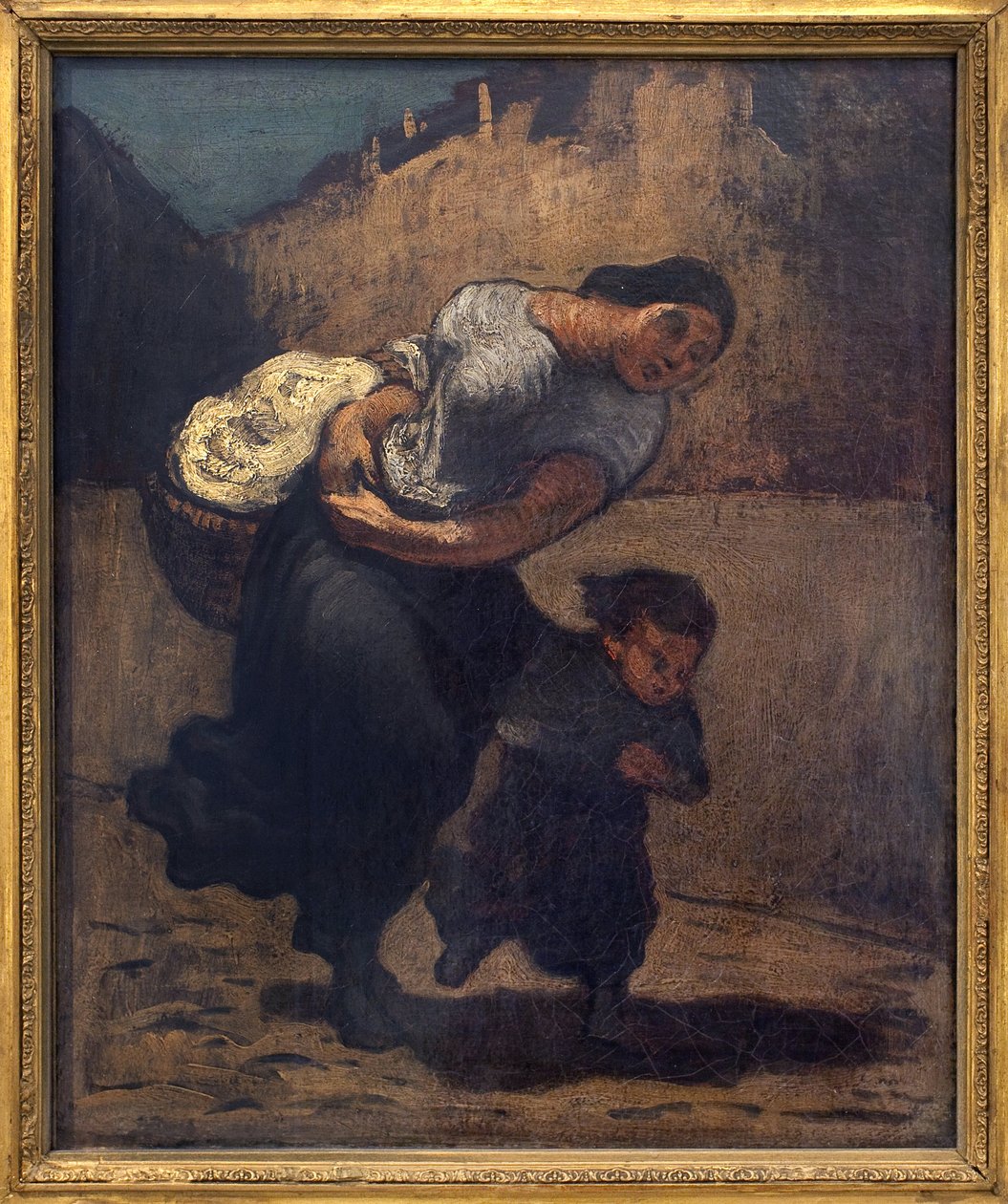 Stormen (lavendelen). En kvinne som holder en kort kurv med et barn, sannsynligvis for å beskytte seg mot regnet. Kunstverk av Honore Daumier (1808-1879), olje på papp av Honoré Daumier