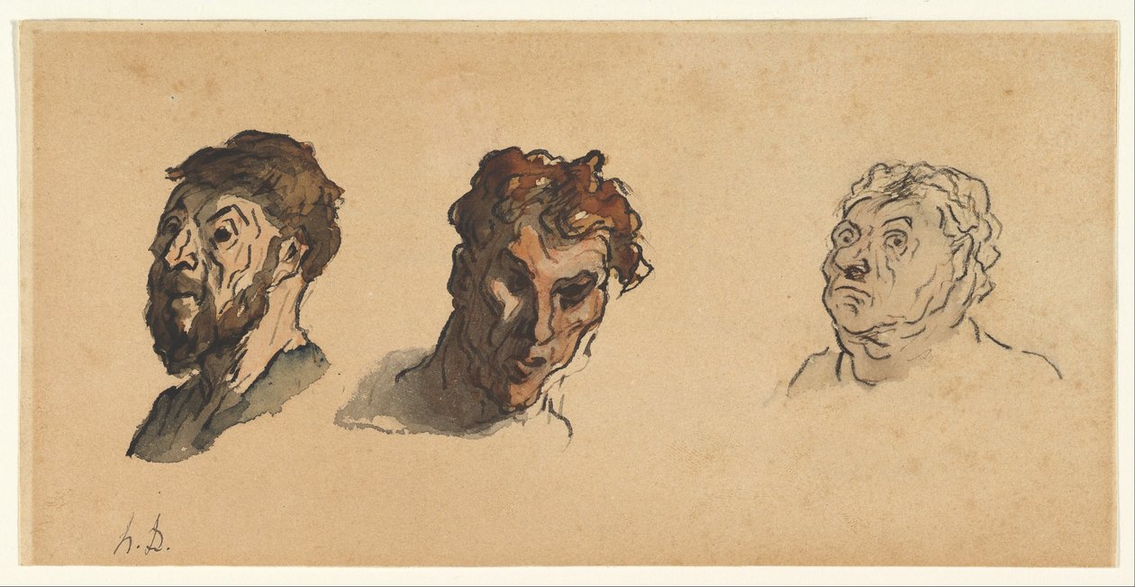 Drei männliche Köpfe av Honoré Daumier