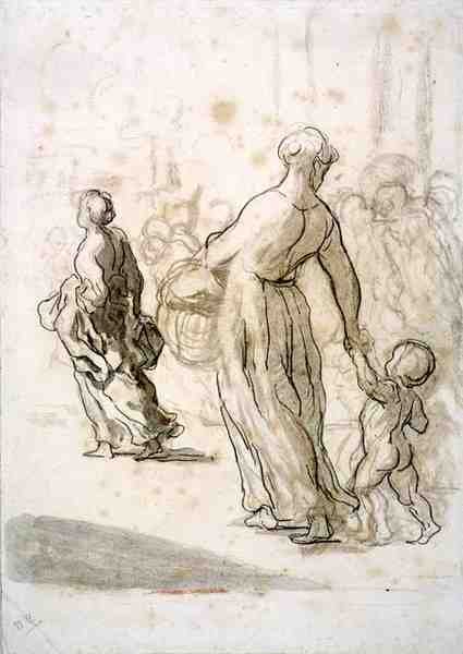 Two Women and a Child, ca. 1848-50 (kritt, kull og gouache på antikk lagt papir) av Honoré Daumier