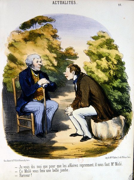 To menn som diskuterer politikk og nytten av Comte de Mole (farge litho) av Honoré Daumier