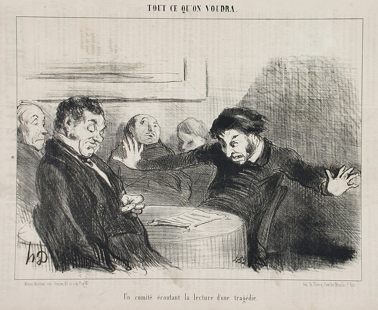 En komité lytter til opplesningen av en tragedie av Honoré Daumier