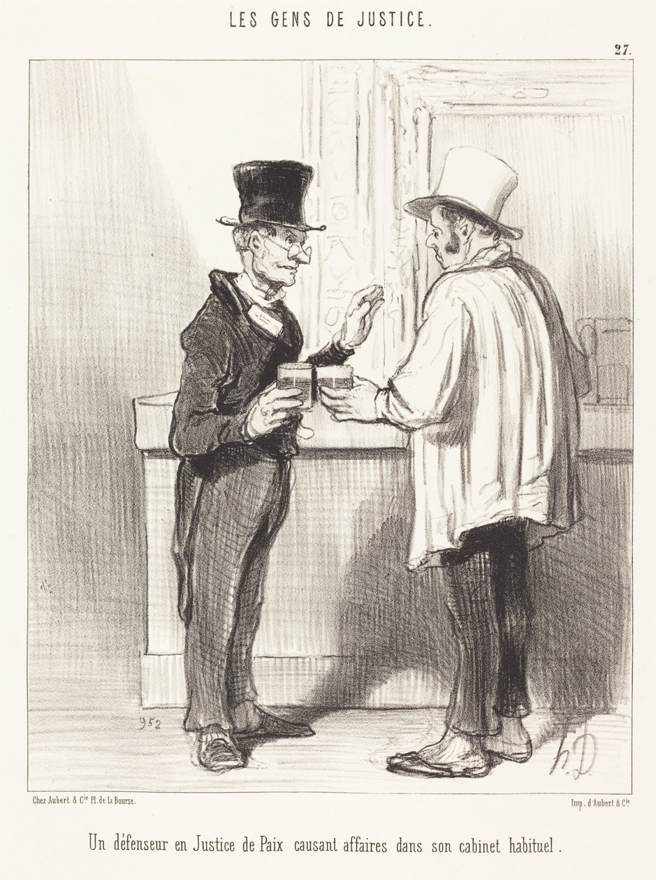 En forsvarer ... pratende ... på sitt vanlige kontor av Honoré Daumier