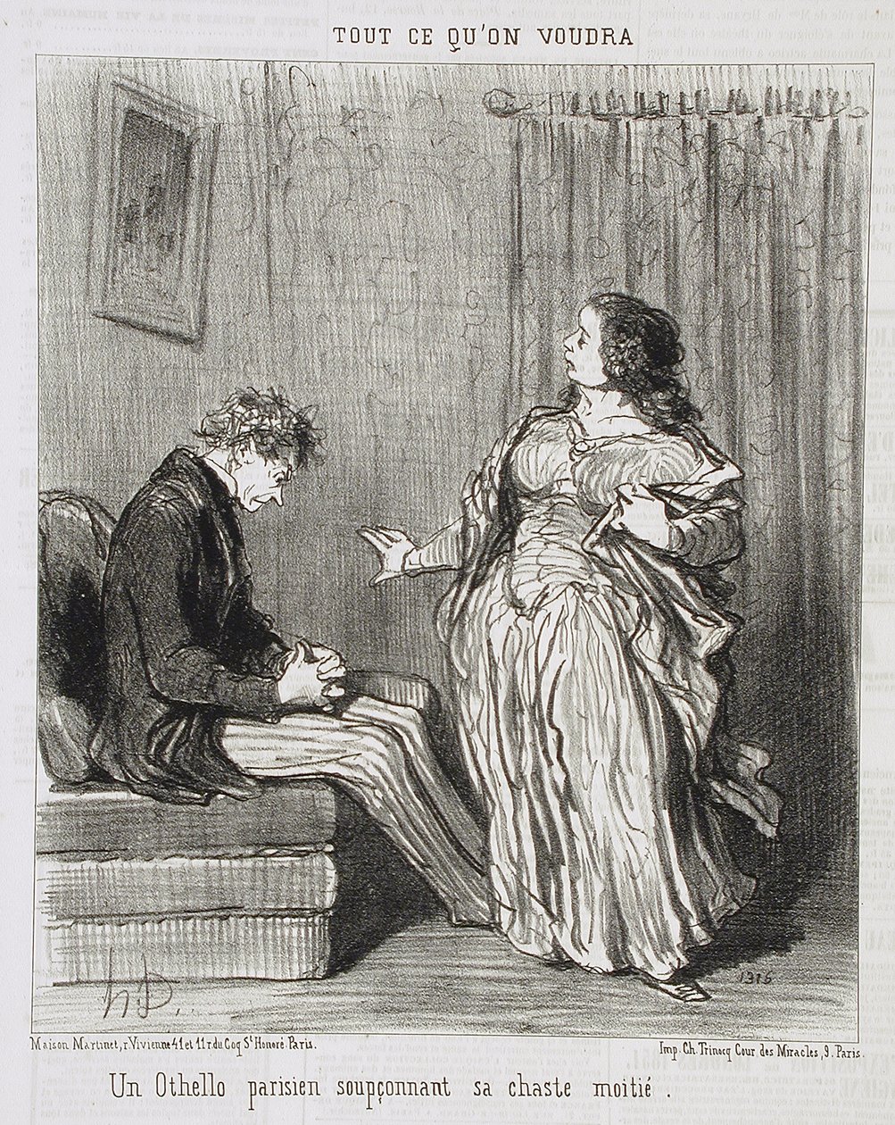 En parisisk Othello som mistenker sin kyske bedre halvdel av Honoré Daumier
