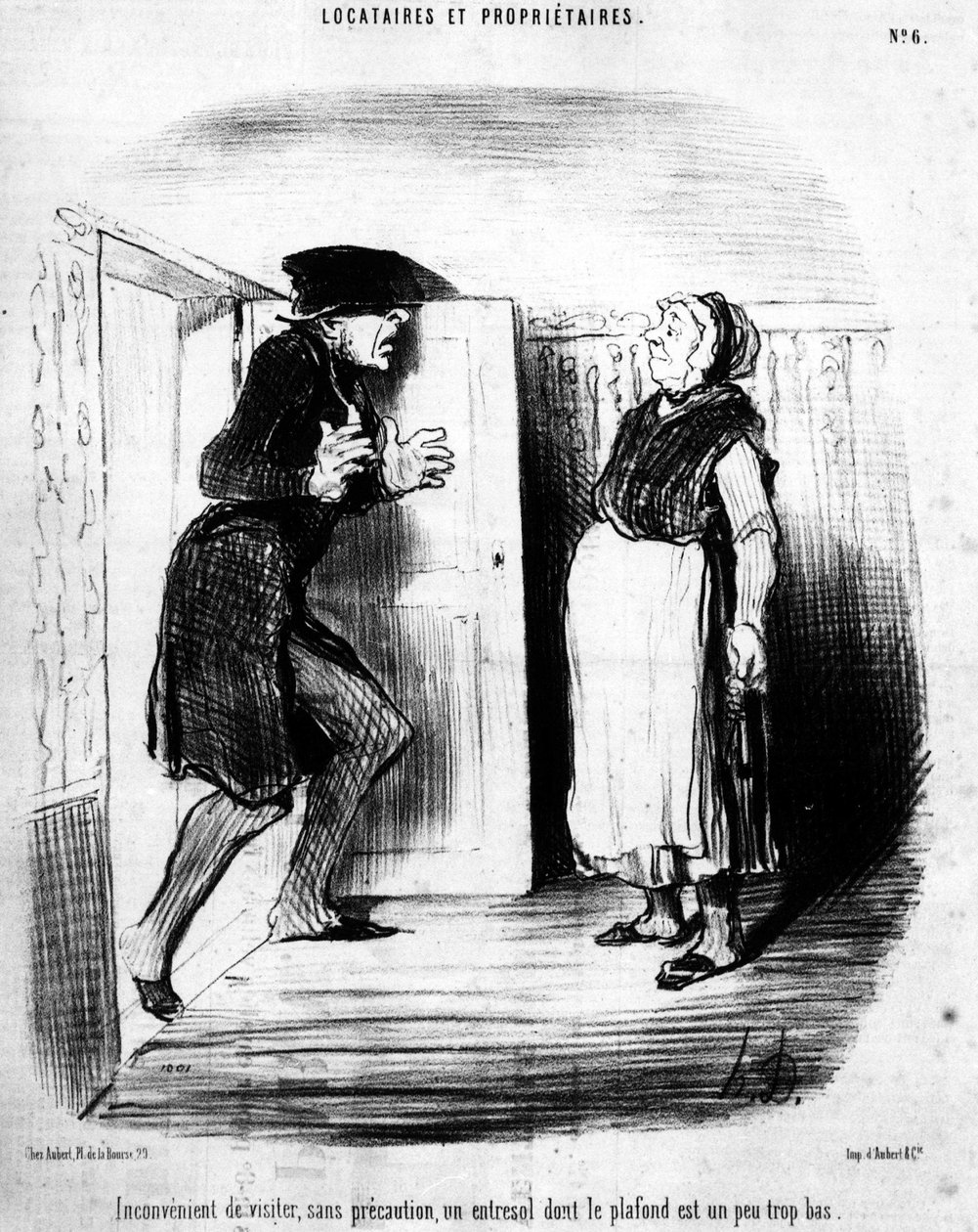 Upraktisk å besøke, uten forsiktighet, en entresol hvis tak er litt for lavt, hentet fra "" Tenants et Owners"", tegneserieserie av Honore Daumier (1808-1879). “Charivari” av Honoré Daumier