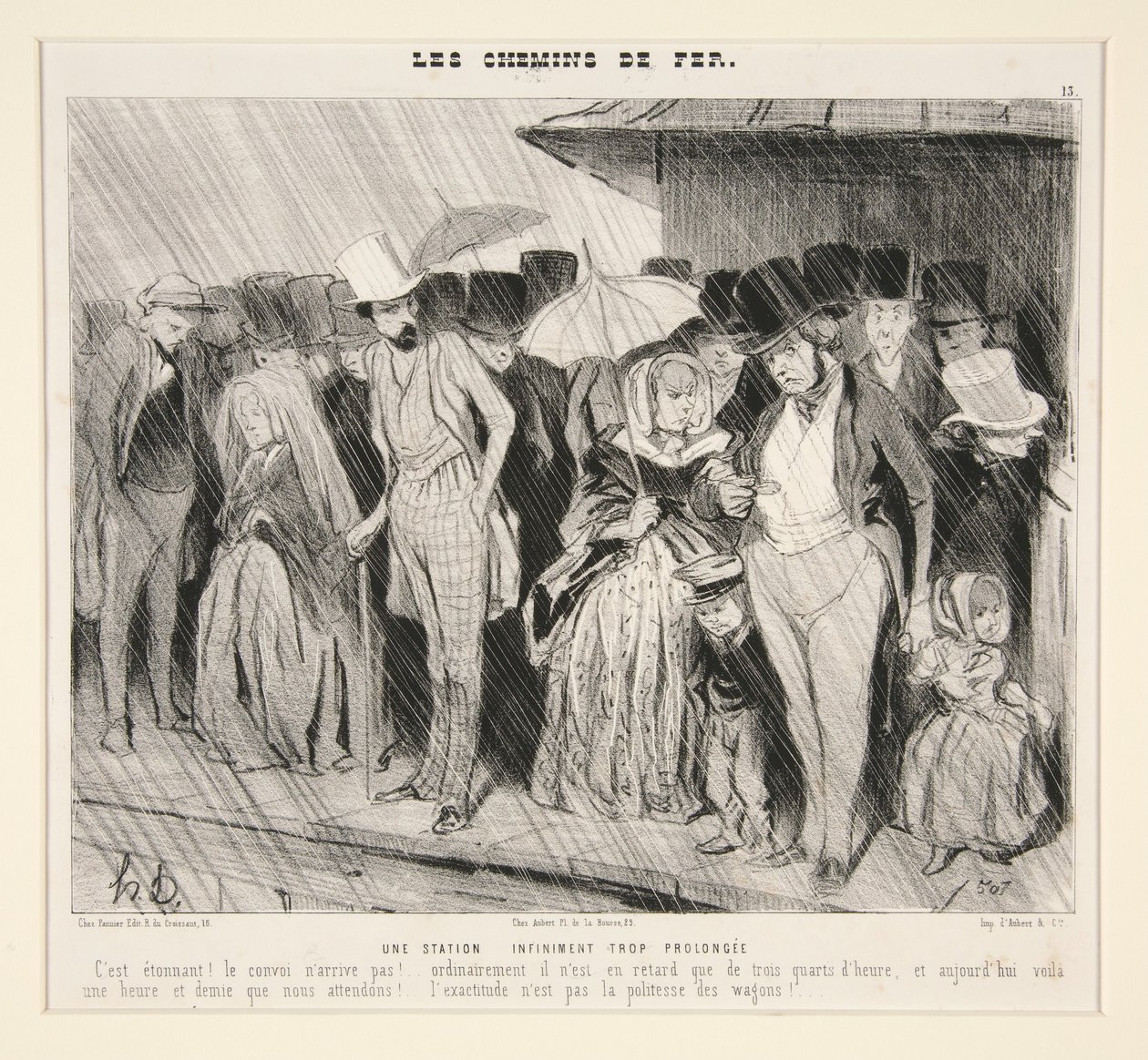 Et uendelig langvarig stopp: Det er utrolig! Toget kommer ikke!... vanligvis er det bare tre kvarter forsinket,... fra Les Chemins de Fer, i Le Charivari, 13. november 1843 av Honoré Daumier