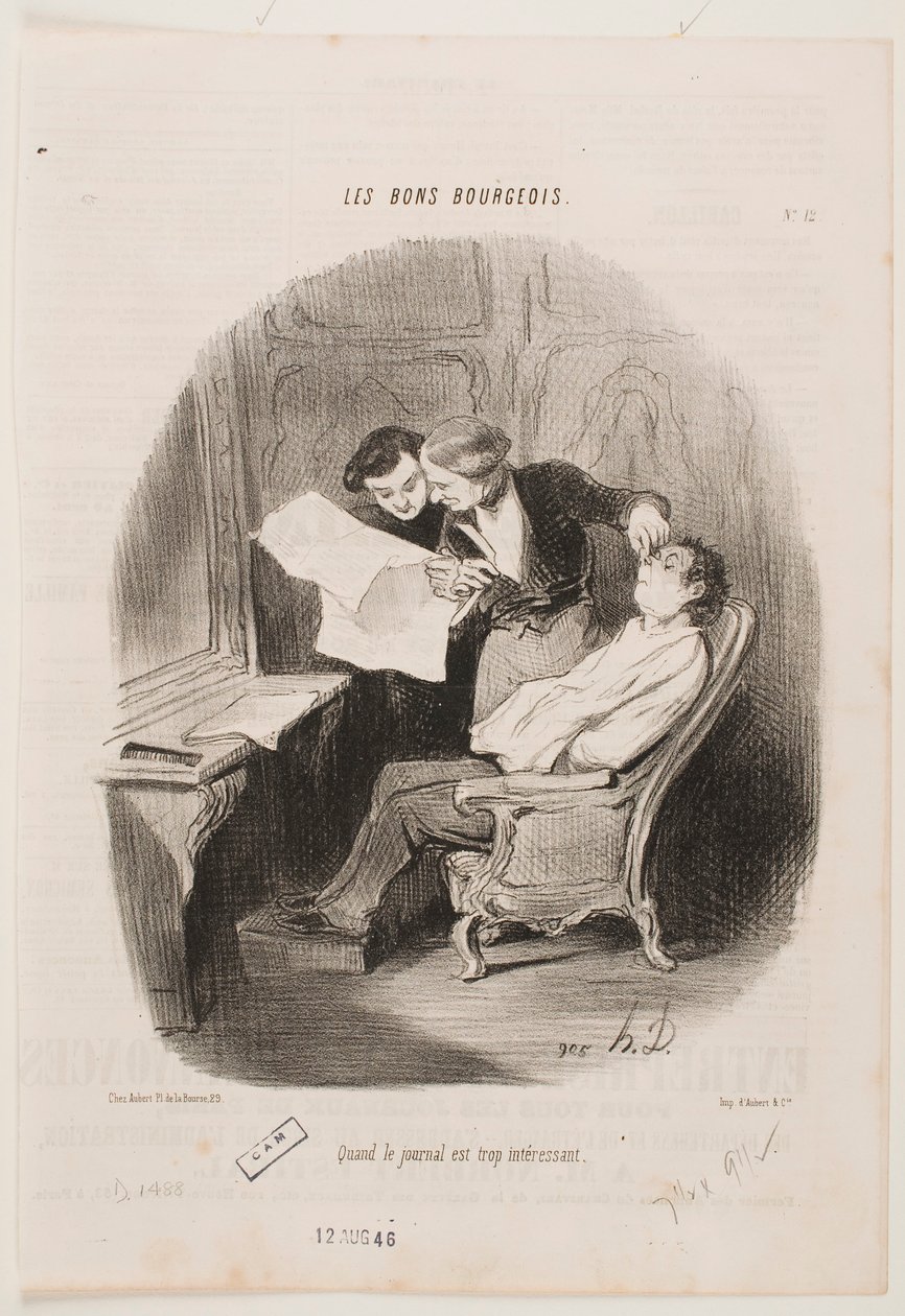 Når avisen er altfor interessant. av Honoré Daumier