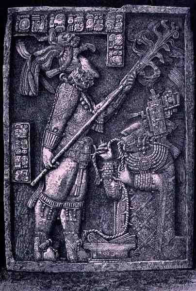 Utskåret steinoverligger fra tempel 23, Yaxchilan, 726 e.Kr., som viser herskeren Shield Jaguar og hans kone, Lady Xoc, gjennomfører et blodslettingsritual, fra The Ancient Cities of the New World, av Claude-Jos av Honore after Chapuis