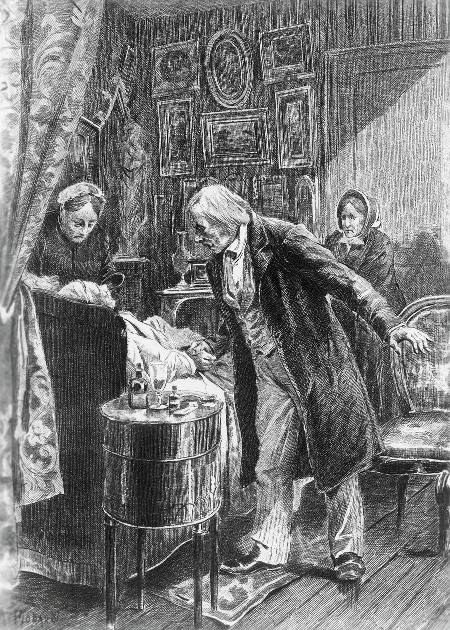 Illustrasjon av Alcide Theophile Robaudi (aktiv 1874-1884) for Cousin Pons, roman av Honore de Balzac (1799-1850) fra samlingen med flere bind med tittelen Human Comedy, utgitt i 1900, Paris av Honore de Balzac