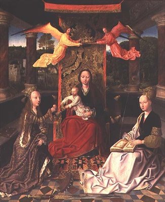 Madonna Enthroned with St. Catherine and St. Barbara (olje på lerret) av Hoogstraeten Master