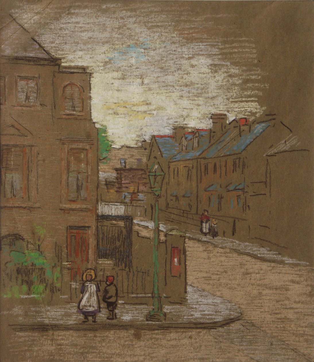 Barn som venter på hjørnet av en gate, ca. 1900 (farget kritt på brunt papir) av Horace Mann Livens