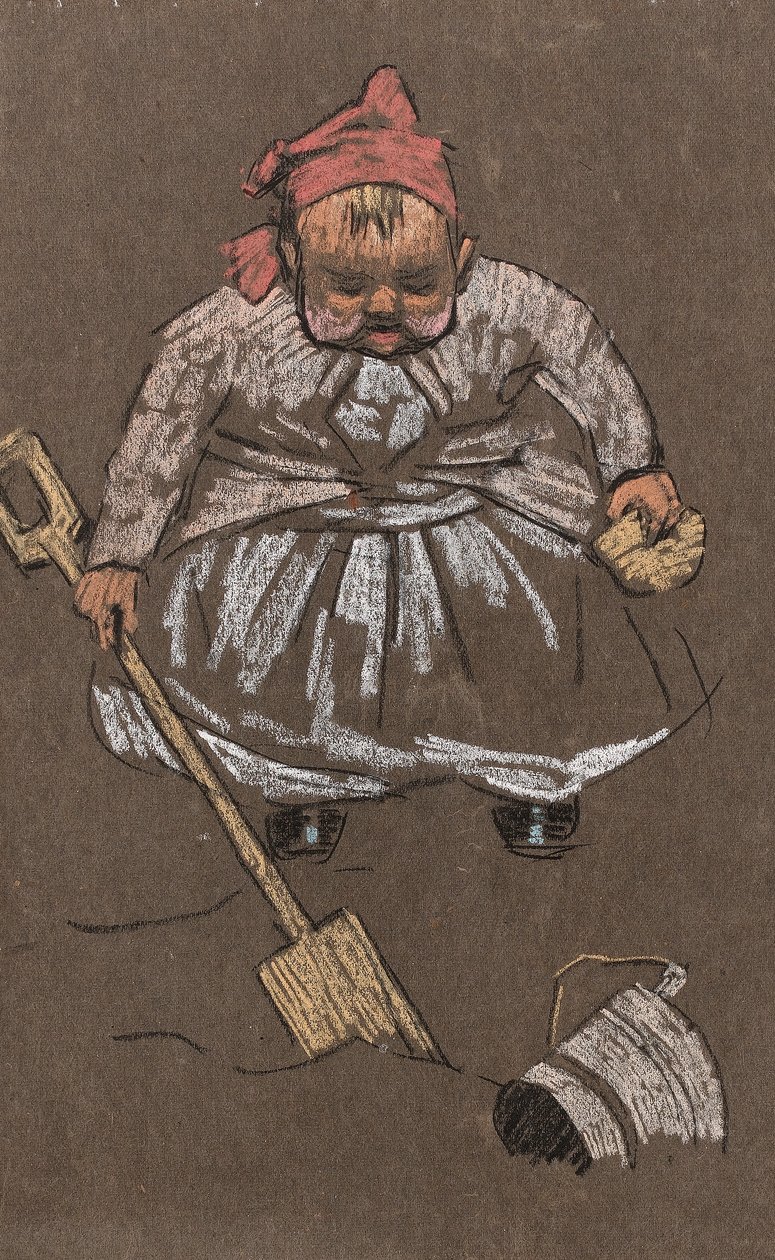 Evangeline, kunstnerens datter, på stranden, ca. 1900 (farget kritt på papir) av Horace Mann Livens