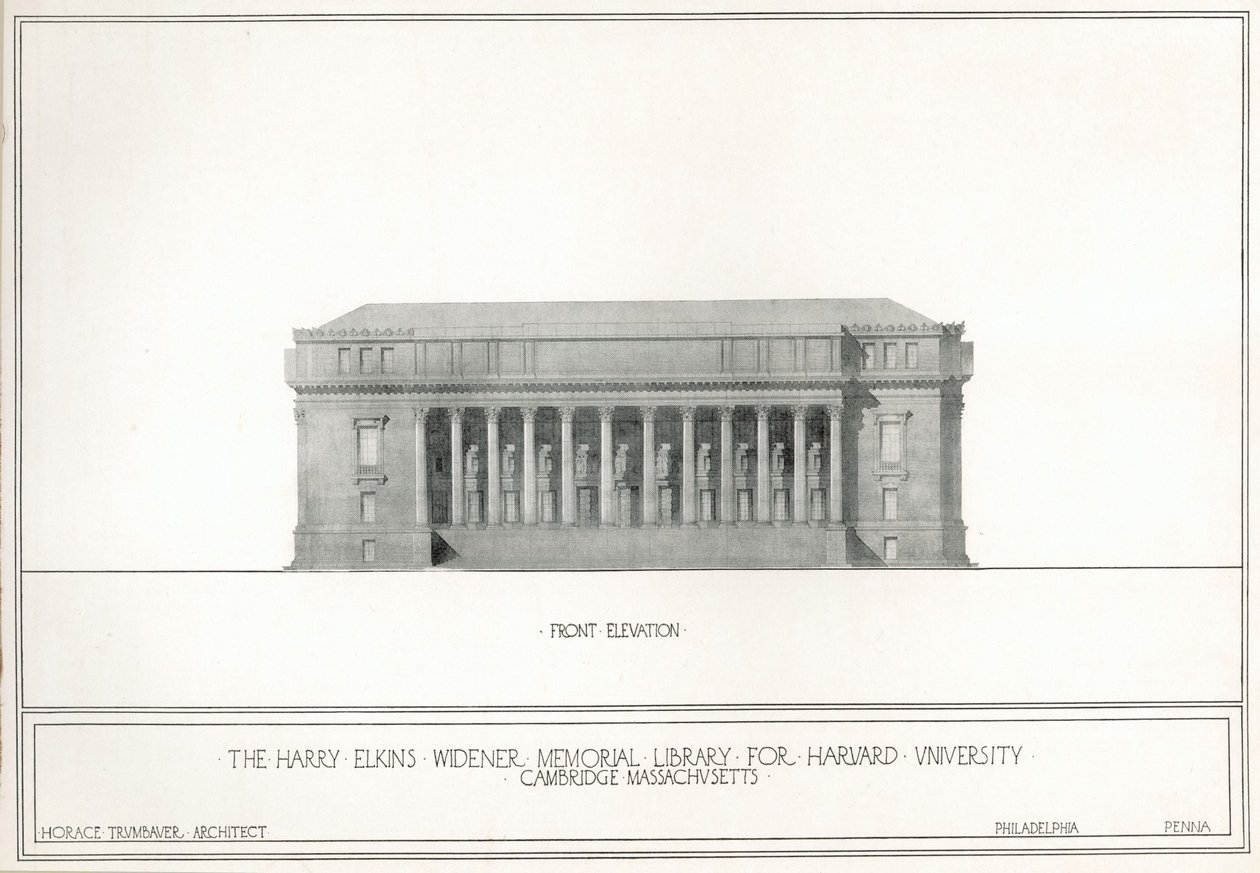 Forside, Harry Elkins Widener Memorial Library for Harvard University, Cambridge, Massachusetts (litho) av Horace Trumbauer