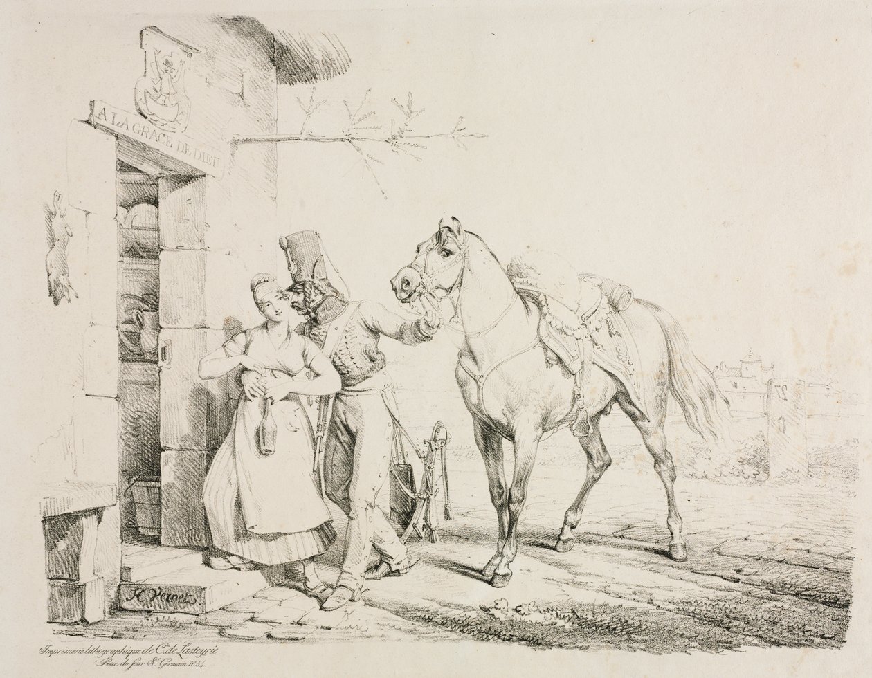 En husar som omfavner en tjener av Emile Jean Horace Vernet
