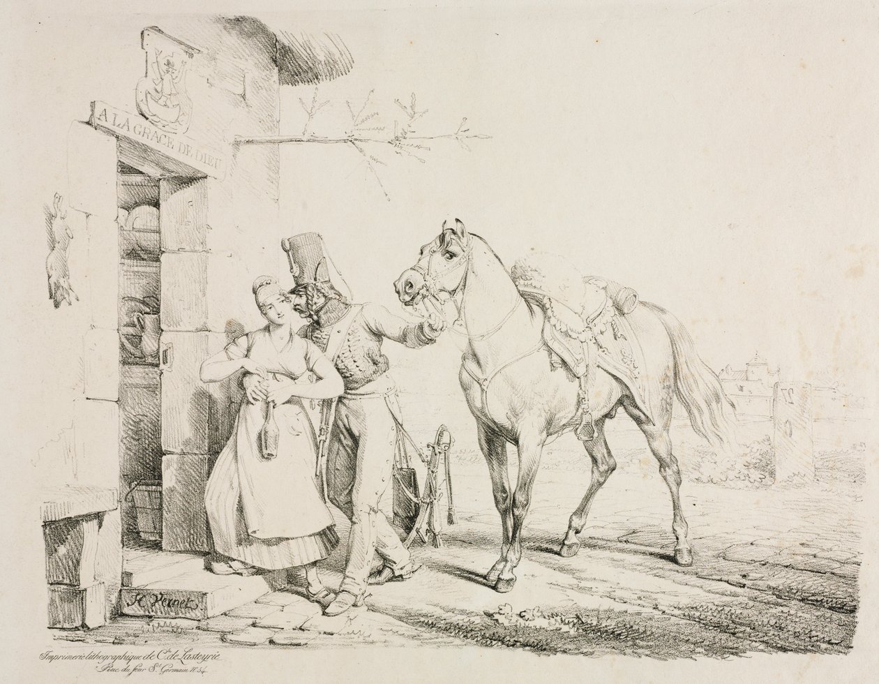 En husar som omfavner en tjener. av Emile Jean Horace Vernet