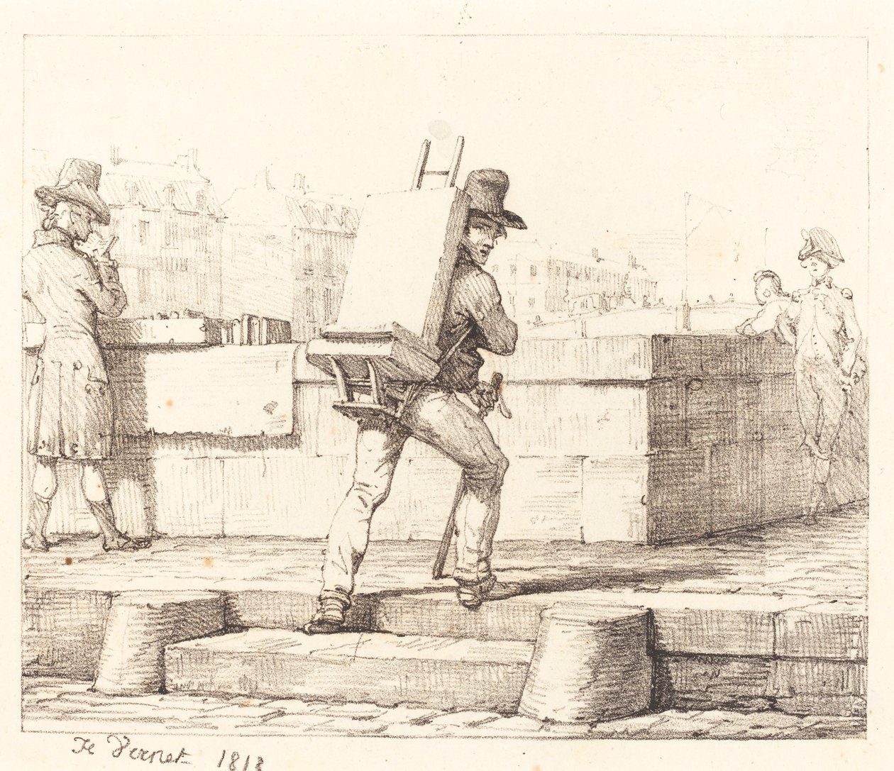 Kunstner som bærer staffeli med en litografisk stein av Emile Jean Horace Vernet