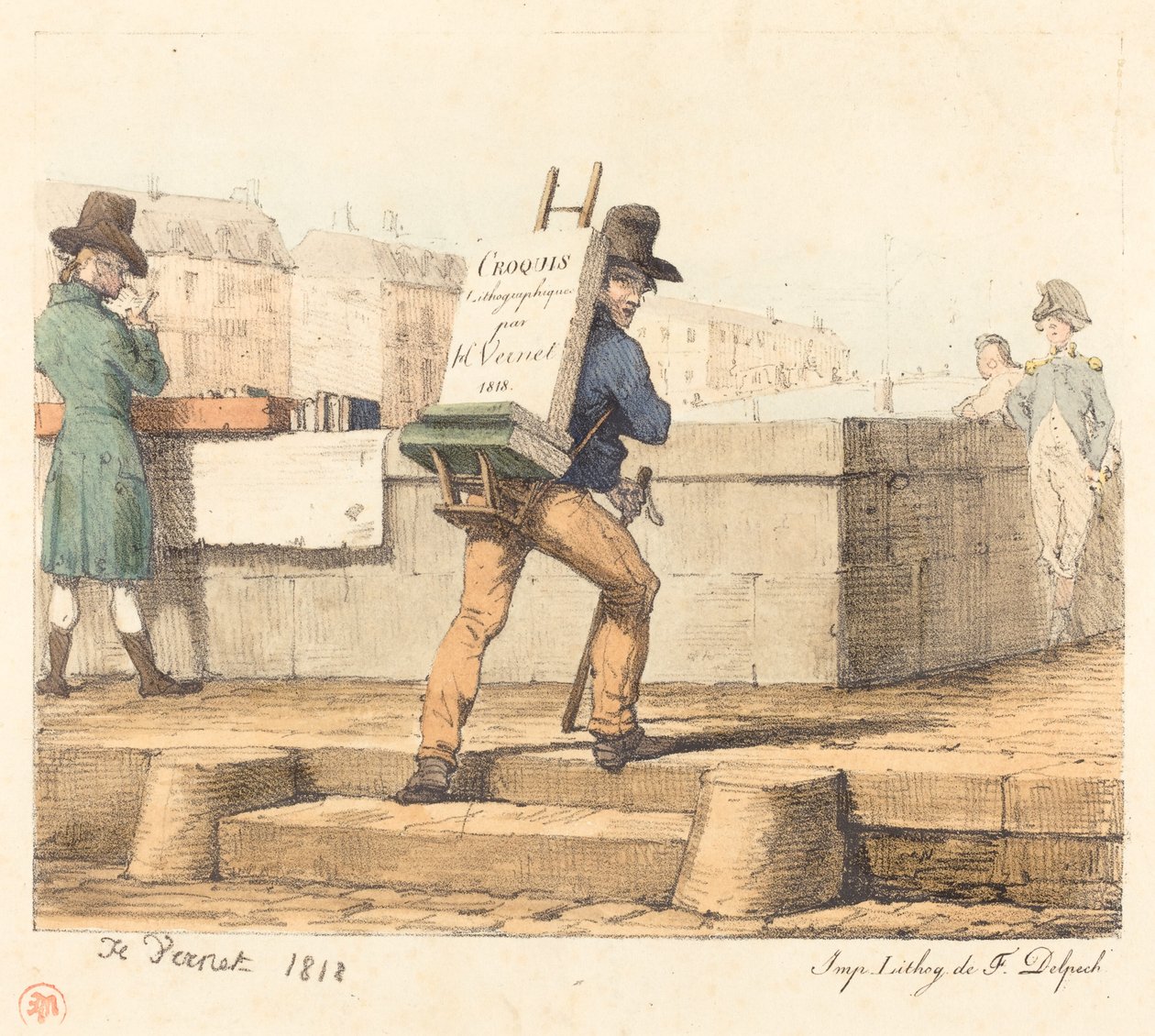Kunstner som bærer staffeli med en litografisk stein av Emile Jean Horace Vernet
