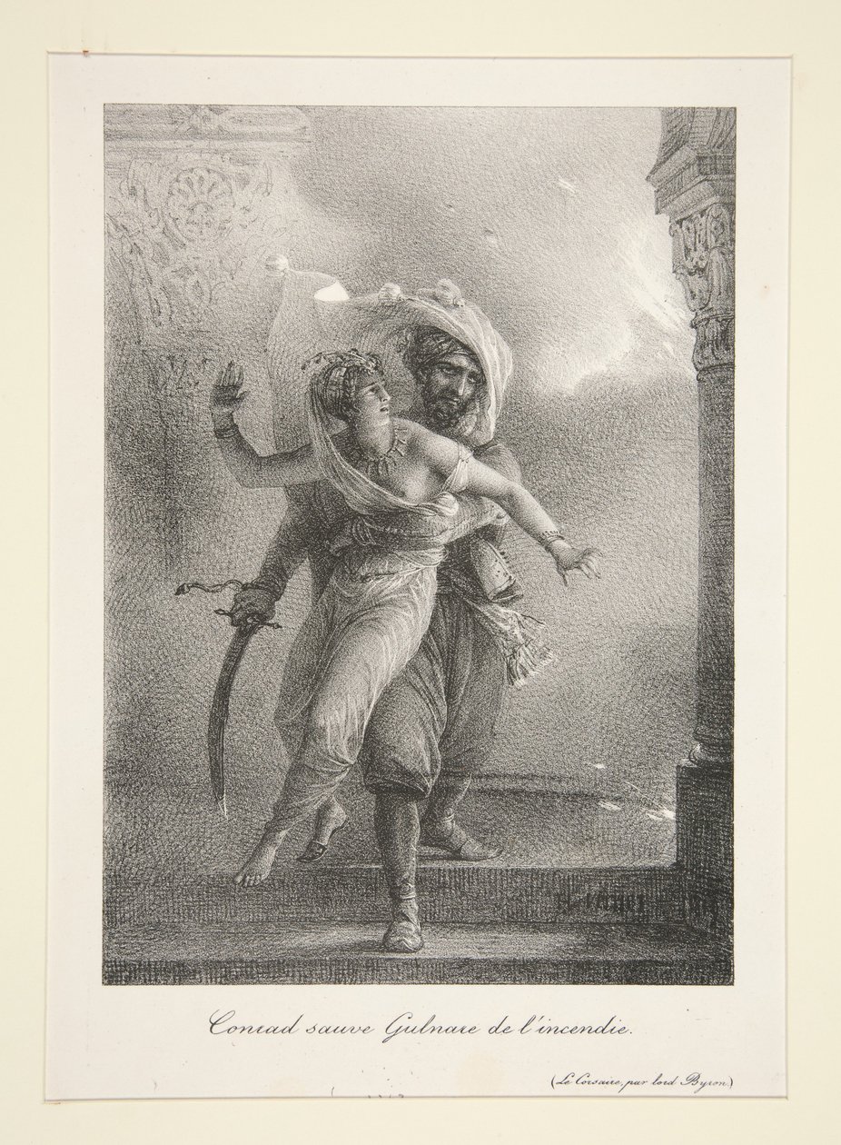 Conrad redder Gulnare fra brannen (Byrons Sjørøveren) av Horace Vernet