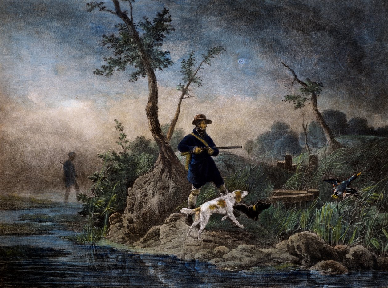 Andejakt i myr, gravering basert på maleri av Horace Vernet (1789-1863) av Emile Jean Horace Vernet