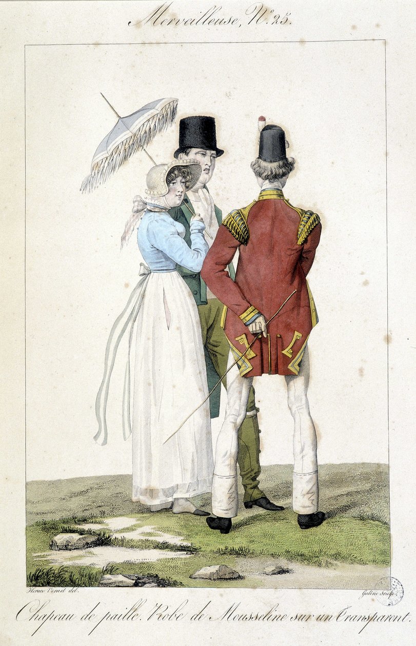 Motegravering av Horace vernet (1789 - 1863) laget rundt 1810 for nummer 25 av en "Marvelous", som representerer feminin mote (stråhatt og chiffongkjole) og maskulin. av Emile Jean Horace Vernet