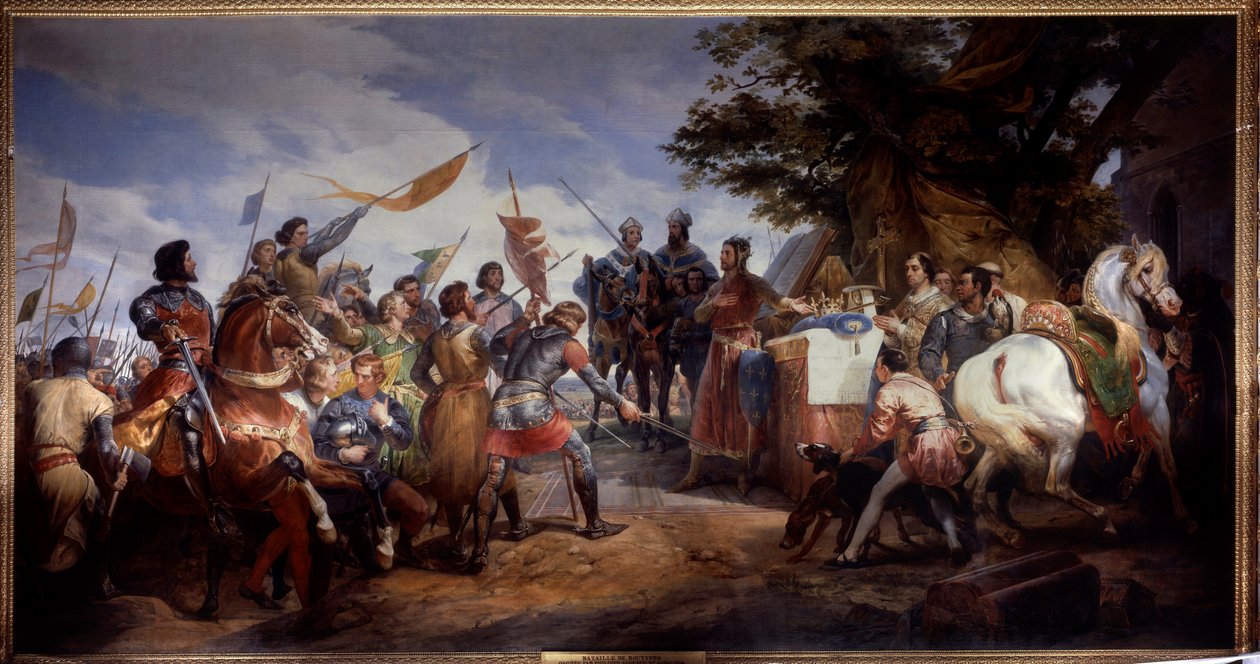 Fransk-engelsk krig (1202-1214): "" slaget ved Bouvines den 27.07.1214, Philippe Auguste setter i spill Frankrikes krone"" Hun motarbeidet den franske hæren til Philippe Auguste mot flamske og velvesen til Othon IV . Den franske seieren ble avgjørende i o av Emile Jean Horace Vernet