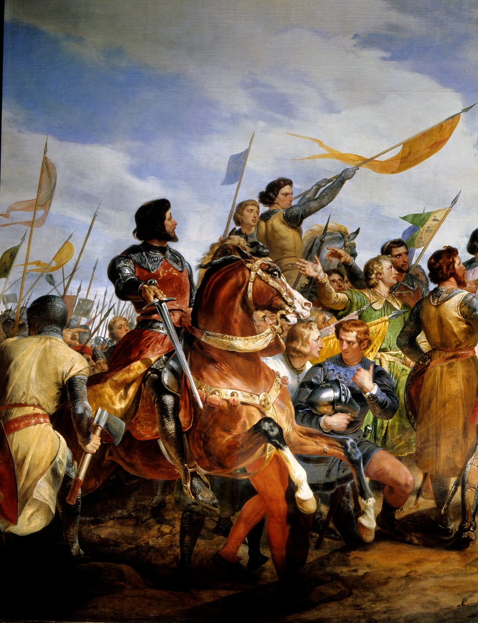 Fransk-engelsk krig (1202-1214): "" slaget ved Bouvines den 27.07.1214, Philippe Auguste setter i spill Frankrikes krone"" Hun motarbeidet den franske hæren til Philippe Auguste mot flamske og velvesen til Othon IV . Den franske seieren ble avgjørende i o av Emile Jean Horace Vernet