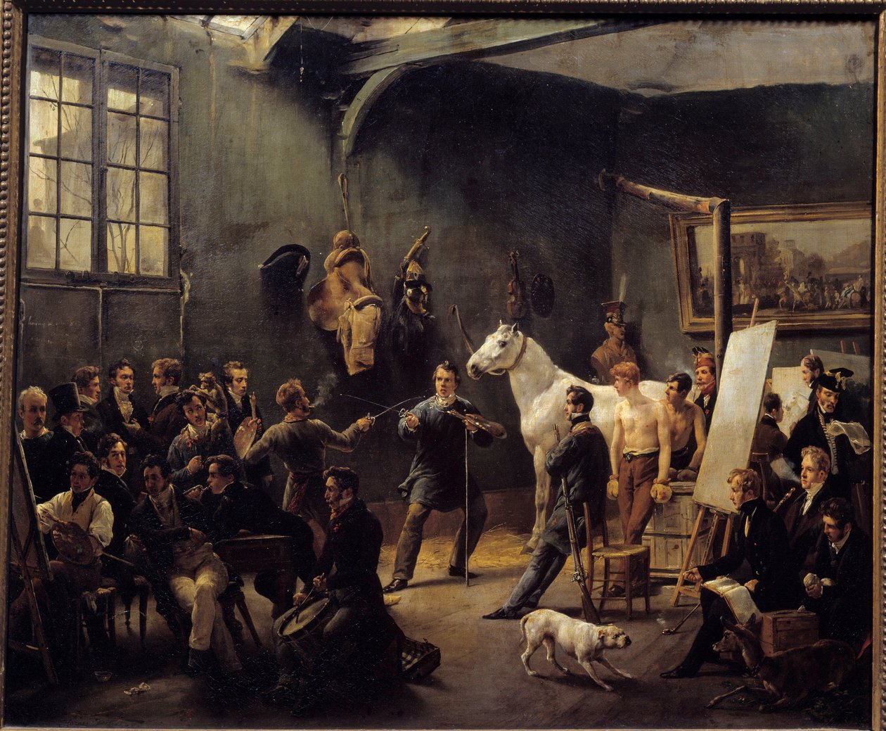 Horace Vernets verksted i 1820. Mange lærlinger øver på dyremodeller. Maleri av Horace Emile Vernet (1789-1863) 1820 Søn. 0,55x0,65m. Carnot samling av Emile Jean Horace Vernet