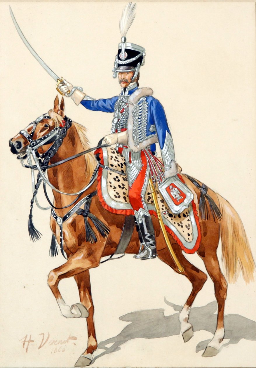 Hussard russe levant son saber - Russian Hussar Raising his Saber par Vernet, Horace (1789-1863), - Akvarell og blekk på papir, 30x21 - Privat samling av Emile Jean Horace Vernet