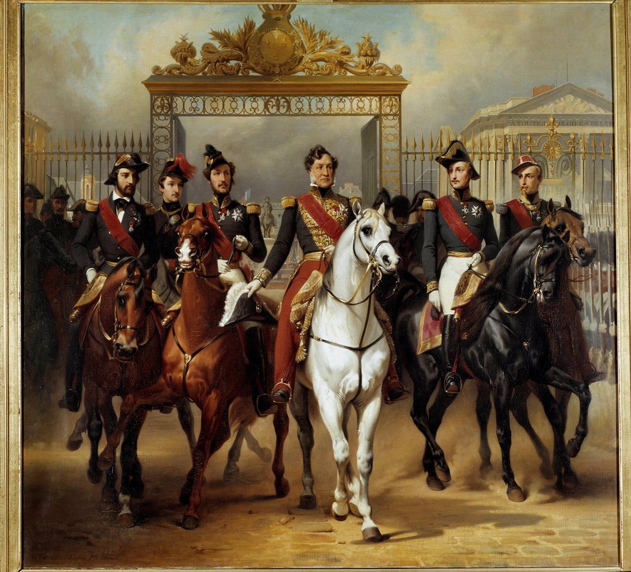 Kong Louis-Philippe I (Louis Philippe) omgir sine fem sønner som kommer ut av æresnettet til slottet i Versailles etter å ha bestått en militær anmeldelse i domstolene 10/06/1837 Maleri av Horace Vernet (1789-1863) 1846 Søn. 3,6x3,9 m. - Den franske kong L av Emile Jean Horace Vernet