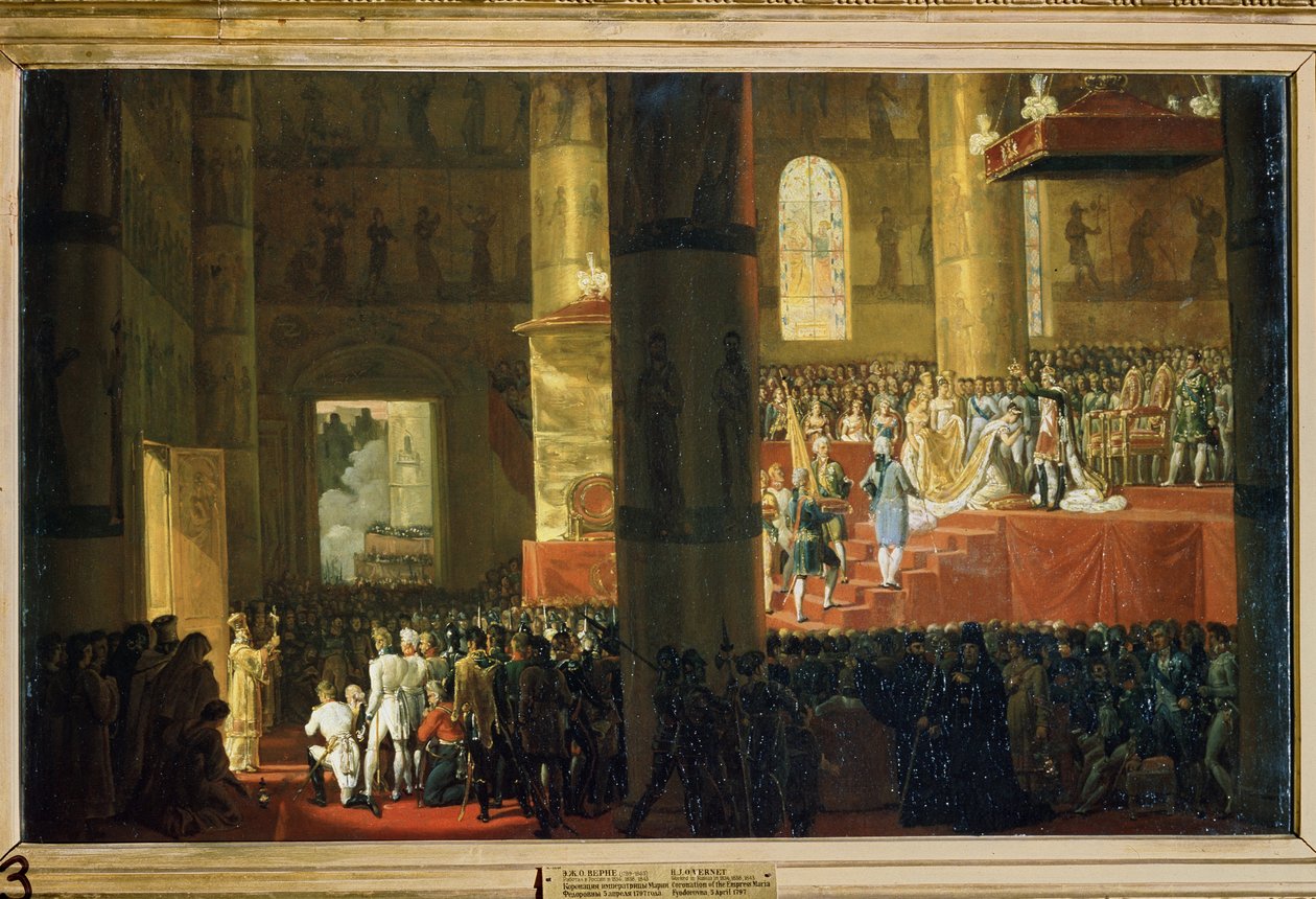 Kroningen av keiserinne Maria Feodorovna, 5. april 1797. (Kroningen av keiserinne Maria Feodorovna den 5. april 1797). Maleri av Horace Vernet (1789-1863). Olje på lerret, 60 x 95 cm. Fransk kunst fra 1800-tallet. Statens russiske museum, Sa av Emile Jean Horace Vernet
