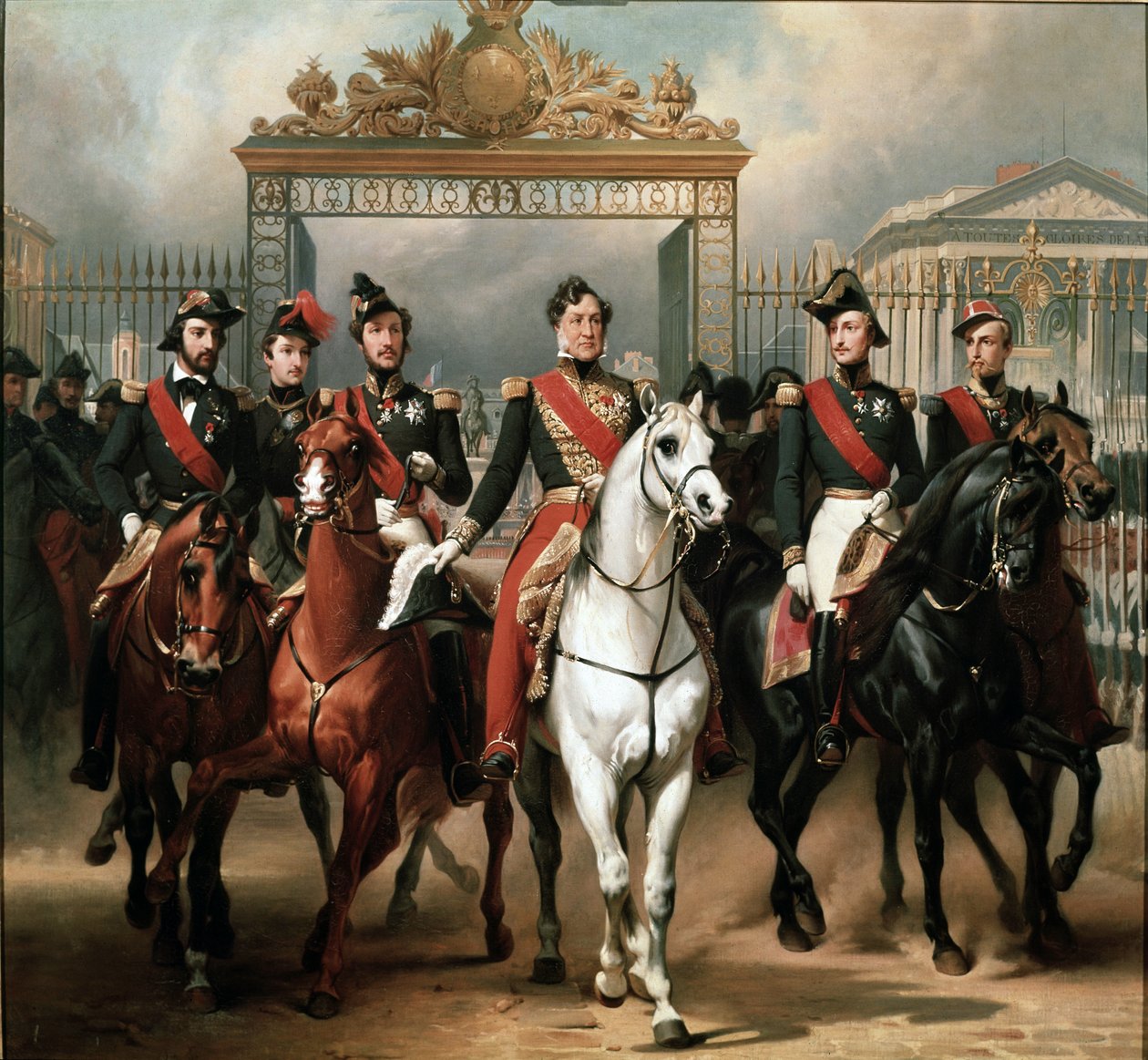 Kong Louis-Philippe omringet av sine fem sønner dro gjennom hovedporten til Versailles-palasset etter å ha bestått en militær gjennomgang i gårdsplassene av Emile Jean Horace Vernet