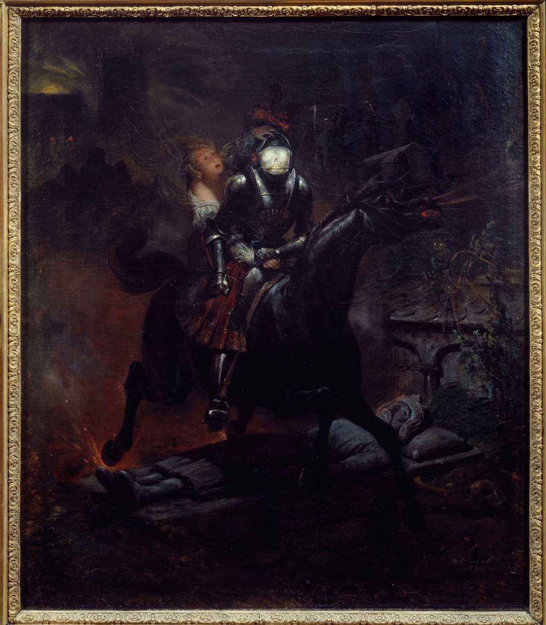 Leonores ballade Illustrasjon av Gottfried Burgers dikt "" Leonore" (1747-1794), Døden på hesten hans tar Leonore. Maleri av Emile Jean Horace Vernet (1789-1863) 1839 Søn. 0,61x0,55 m Nantes, musee des Beaux Arts av Emile Jean Horace Vernet