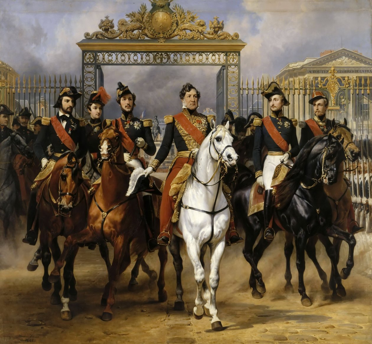 Louis Philippe og sønnene hans til hest ved dette forlater Versailles av låsen, 10. juni 1837 av Emile Jean Horace Vernet