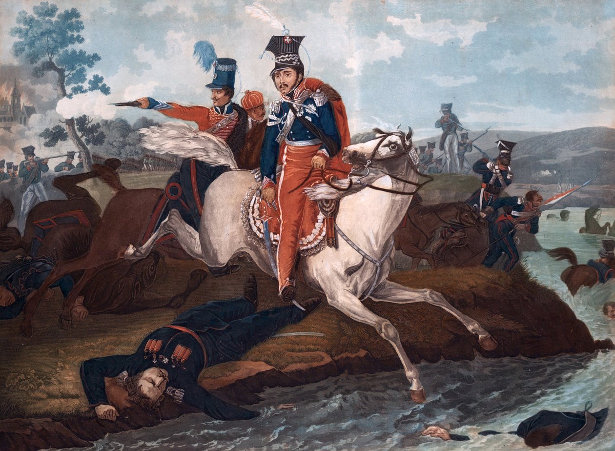 Mort du Prince Jozef Poniatowski (1763-1813)- Prins Jozef Poniatowskis død i slaget ved Leipzig - Vernet, Horace (1789-1863) - 1820 - Fargelitografi - 40x54,4 - Privat samling av Emile Jean Horace Vernet