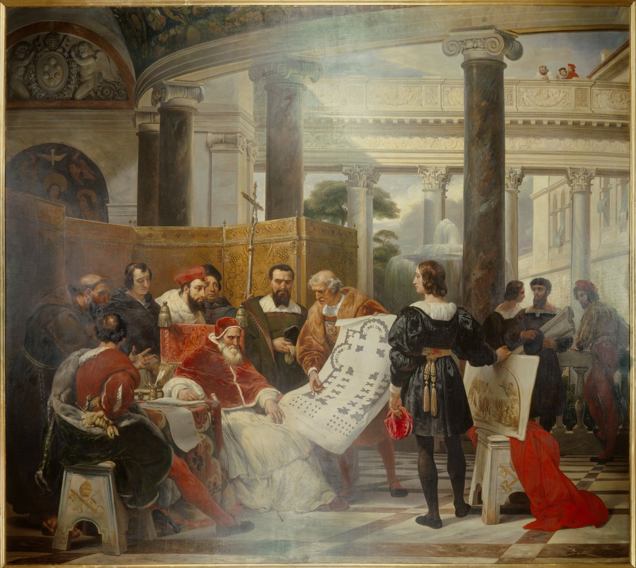 Pave Julius II, beordret arbeidet til Vatikanet og Basilica of St. Peter i Roma (St. Peter) omgitt av Michelangelo (Michelangelo, Michelangelo eller Michelangelo), Bramante og Raphael (Raffaello Sanzio). Maleri av Emile Jean Horace Vernet av Emile Jean Horace Vernet