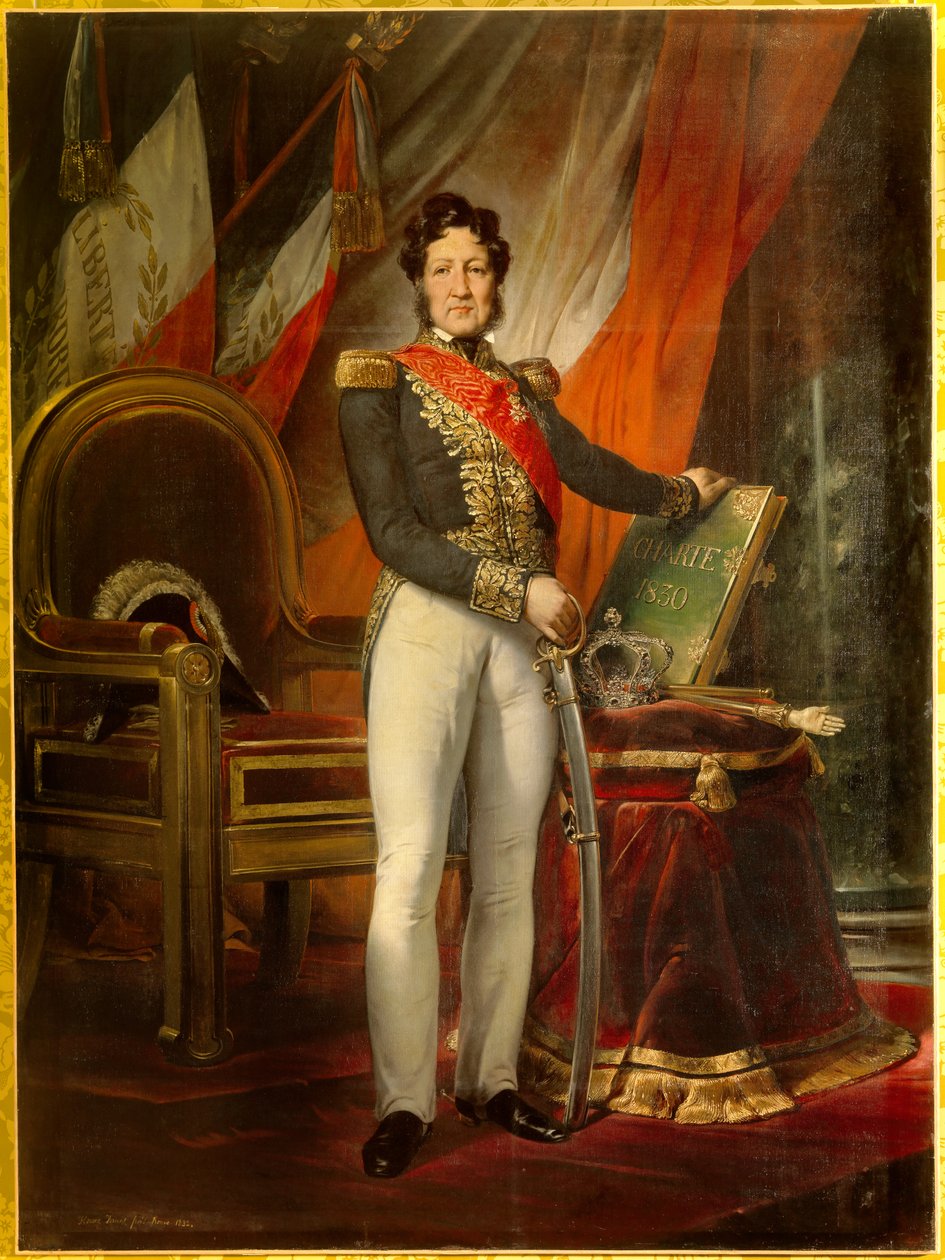 Portrait en pied de Louis Philippe 1er (1773-1850), kongen av franskmennene som innehar charteret av 1830. De trefargede flaggene bak kongen bærer mottoet "Liberte Egalite Fraternite". Maleri av Emile Jean Horace Vernet (1789-1863) av Emile Jean Horace Vernet