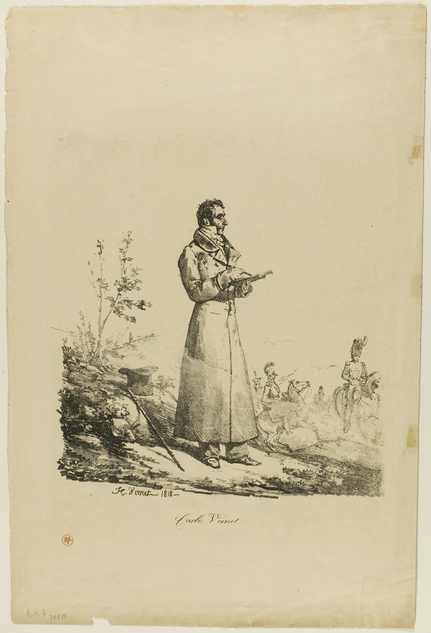 Portrett av Carle Vernet, stående og tegning av Emile Jean Horace Vernet