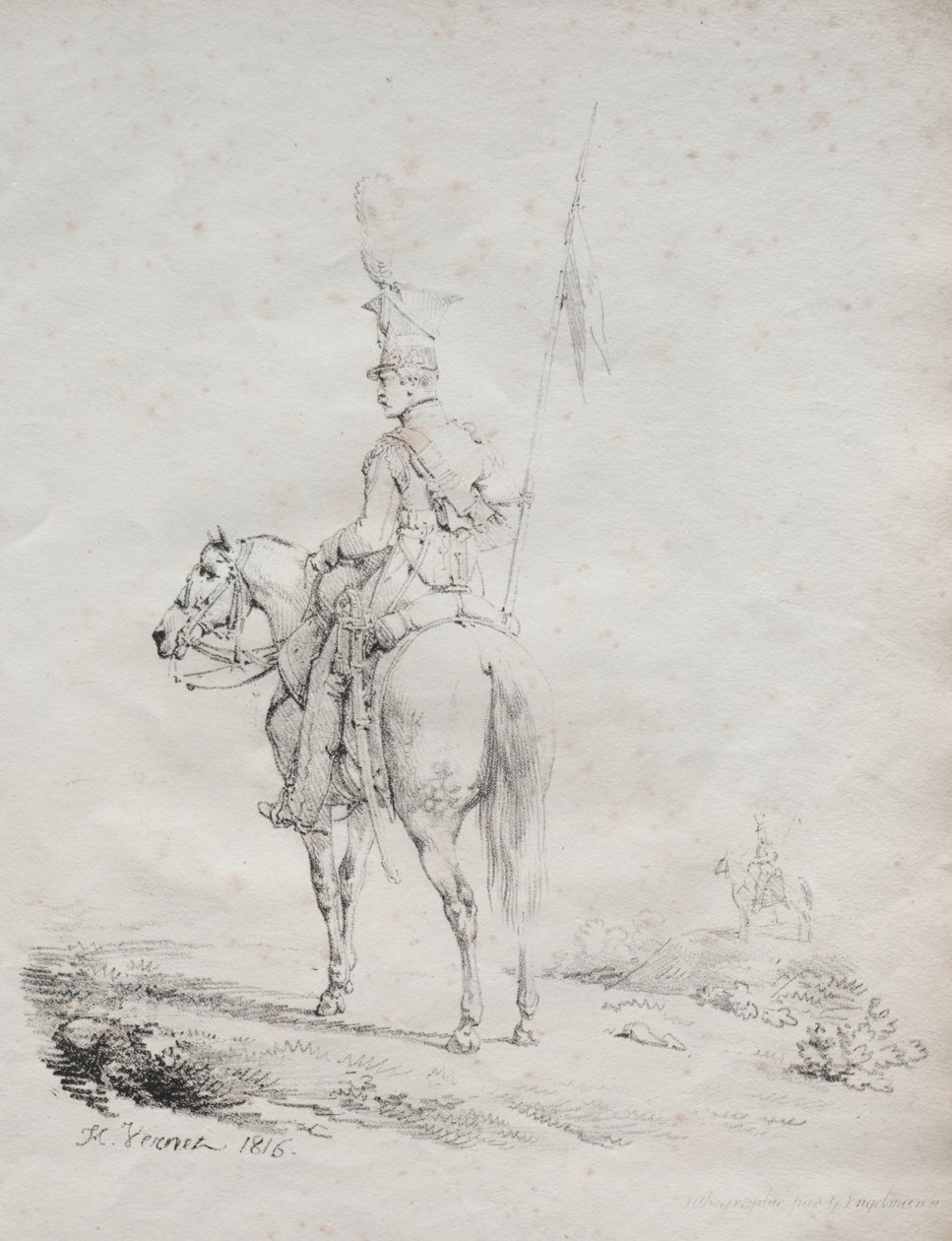 Samling av litografiske essays: Le Lancier en Vedette av Emile Jean Horace Vernet