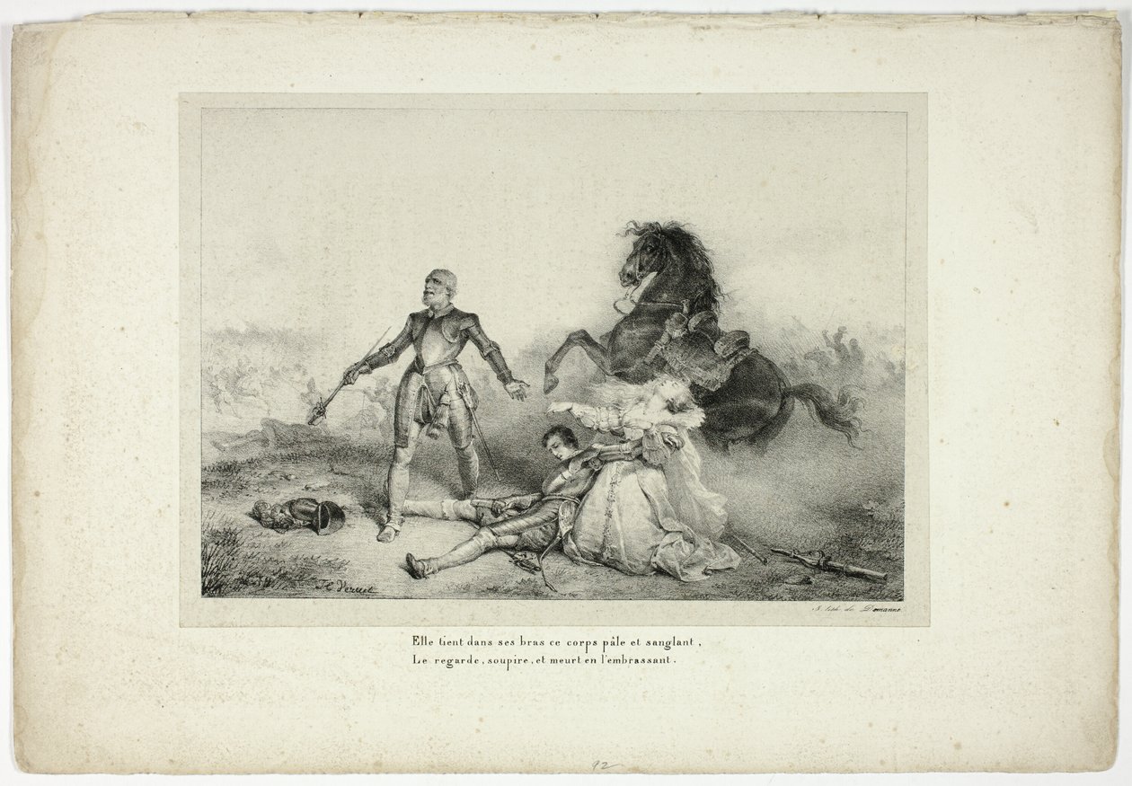 Hun holdt i armene liket blek og blodig... av Emile Jean Horace Vernet