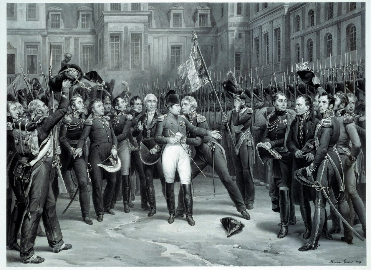 Avskjeden fra Napoleon Bonaparte (1769-1821) til den keiserlige garde på gårdsplassen til Cheval Blanc i Fontainebleau 20/04/1814 Gravering av Emile Vernet dit Horace Vernet (1789-1863) 1814 Paris, B.N. av Emile Jean Horace Vernet