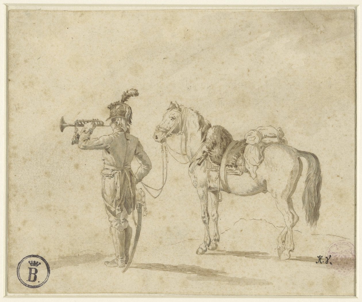 Trompetist ved siden av hest av Emile Jean Horace Vernet