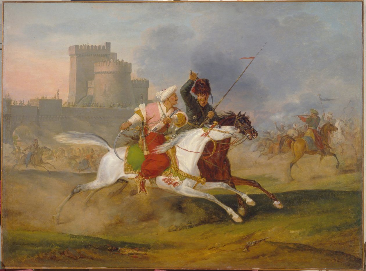 Turk and Cossack - Maleri av Horace Vernet (1789-1863), olje på lerret av Emile Jean Horace Vernet