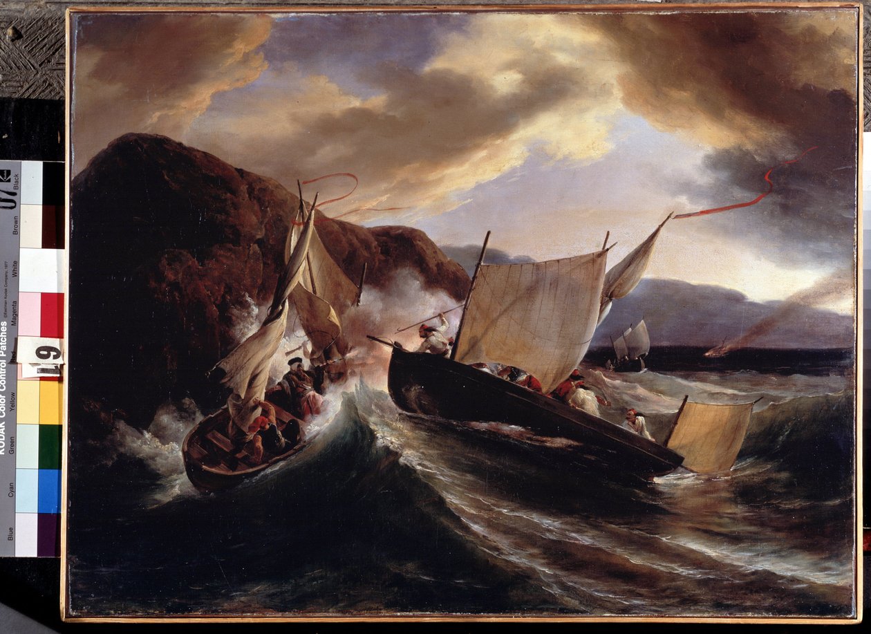 Et sjøslag. Maleri av Horace Vernet (1789-1863). Olje på lerret, 54 x 70 cm av Emile Jean Horace Vernet